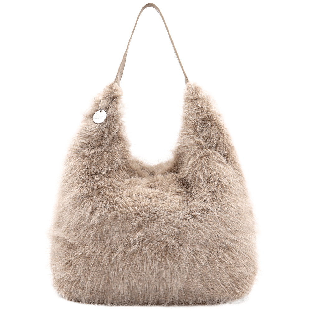 Μεγάλη γυναικεία τσάντα τύπου πουγκί από γούνα – Ανοιχτό καφέ