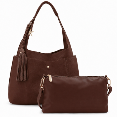 KASSANDRA – ΣΕΤ Γυναικεία τσάντα τύπου πουγκί + τσάντα ώμου – Σκούρο σοκολατί